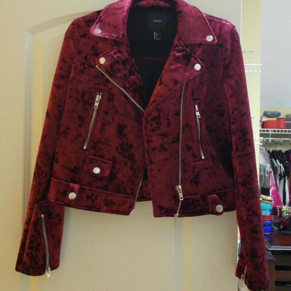 Burgundy Velvet Biker Jacket